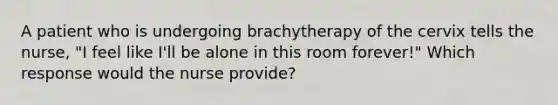 A patient who is undergoing brachytherapy of the cervix tells the nurse, "I feel like I'll be alone in this room forever!" Which response would the nurse provide?