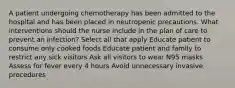 A patient undergoing chemotherapy has been admitted to the hospital and has been placed in neutropenic precautions. What interventions should the nurse include in the plan of care to prevent an infection? Select all that apply Educate patient to consume only cooked foods Educate patient and family to restrict any sick visitors Ask all visitors to wear N95 masks Assess for fever every 4 hours Avoid unnecessary invasive procedures