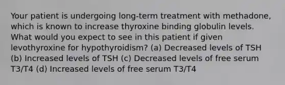 Your patient is undergoing long-term treatment with methadone, which is known to increase thyroxine binding globulin levels. What would you expect to see in this patient if given levothyroxine for hypothyroidism? (a) Decreased levels of TSH (b) Increased levels of TSH (c) Decreased levels of free serum T3/T4 (d) Increased levels of free serum T3/T4