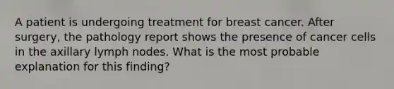 A patient is undergoing treatment for breast cancer. After surgery, the pathology report shows the presence of cancer cells in the axillary lymph nodes. What is the most probable explanation for this finding?