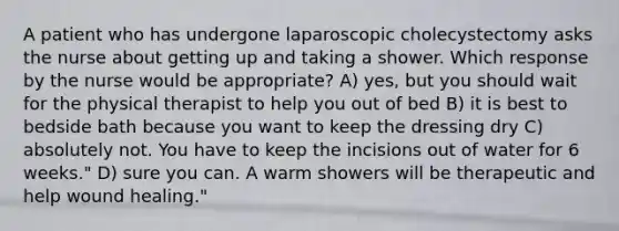 A patient who has undergone laparoscopic cholecystectomy asks the nurse about getting up and taking a shower. Which response by the nurse would be appropriate? A) yes, but you should wait for the physical therapist to help you out of bed B) it is best to bedside bath because you want to keep the dressing dry C) absolutely not. You have to keep the incisions out of water for 6 weeks." D) sure you can. A warm showers will be therapeutic and help wound healing."