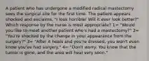 A patient who has undergone a modified radical mastectomy sees the surgical site for the first time. The patient appears shocked and exclaims, "I look horrible! Will it ever look better?" Which response by the nurse is most appropriate? 1= "Would you like to meet another patient who's had a mastectomy?" 2= "You're shocked by the change in your appearance from the surgery?" 3= "After it heals and you're dressed, you won't even know you've had surgery." 4= "Don't worry. You know that the tumor is gone, and the area will heal very soon."