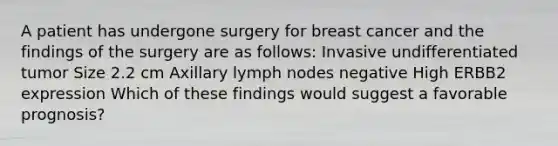 A patient has undergone surgery for breast cancer and the findings of the surgery are as follows: Invasive undifferentiated tumor Size 2.2 cm Axillary lymph nodes negative High ERBB2 expression Which of these findings would suggest a favorable prognosis?