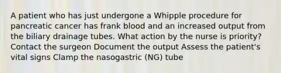 A patient who has just undergone a Whipple procedure for pancreatic cancer has frank blood and an increased output from the biliary drainage tubes. What action by the nurse is priority? Contact the surgeon Document the output Assess the patient's vital signs Clamp the nasogastric (NG) tube