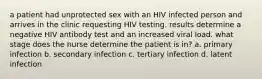 a patient had unprotected sex with an HIV infected person and arrives in the clinic requesting HIV testing. results determine a negative HIV antibody test and an increased viral load. what stage does the nurse determine the patient is in? a. primary infection b. secondary infection c. tertiary infection d. latent infection