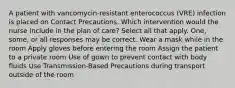 A patient with vancomycin-resistant enterococcus (VRE) infection is placed on Contact Precautions. Which intervention would the nurse include in the plan of care? Select all that apply. One, some, or all responses may be correct. Wear a mask while in the room Apply gloves before entering the room Assign the patient to a private room Use of gown to prevent contact with body fluids Use Transmission-Based Precautions during transport outside of the room