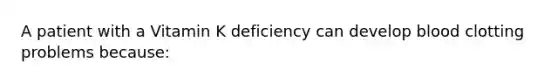 A patient with a Vitamin K deficiency can develop blood clotting problems because: