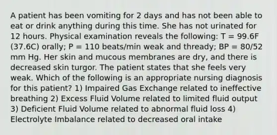 A patient has been vomiting for 2 days and has not been able to eat or drink anything during this time. She has not urinated for 12 hours. Physical examination reveals the following: T = 99.6F (37.6C) orally; P = 110 beats/min weak and thready; BP = 80/52 mm Hg. Her skin and mucous membranes are dry, and there is decreased skin turgor. The patient states that she feels very weak. Which of the following is an appropriate nursing diagnosis for this patient? 1) Impaired Gas Exchange related to ineffective breathing 2) Excess Fluid Volume related to limited fluid output 3) Deficient Fluid Volume related to abnormal fluid loss 4) Electrolyte Imbalance related to decreased oral intake