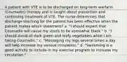 A patient with VTE is to be discharged on long-term warfarin (Coumadin) therapy and is taught about prevention and continuing treatment of VTE. The nurse determines that discharge teaching for the patient has been effective when the patient makes which statement? a. "I should expect that Coumadin will cause my stools to be somewhat black." b. "I should avoid all dark green and leafy vegetables while I am taking Coumadin." c. "Massaging my legs several times a day will help increase my venous circulation." d. "Swimming is a good activity to include in my exercise program to increase my circulation."