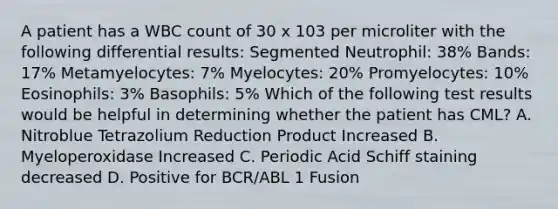 A patient has a WBC count of 30 x 103 per microliter with the following differential results: Segmented Neutrophil: 38% Bands: 17% Metamyelocytes: 7% Myelocytes: 20% Promyelocytes: 10% Eosinophils: 3% Basophils: 5% Which of the following test results would be helpful in determining whether the patient has CML? A. Nitroblue Tetrazolium Reduction Product Increased B. Myeloperoxidase Increased C. Periodic Acid Schiff staining decreased D. Positive for BCR/ABL 1 Fusion