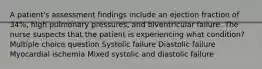 A patient's assessment findings include an ejection fraction of 34%, high pulmonary pressures, and biventricular failure. The nurse suspects that the patient is experiencing what condition? Multiple choice question Systolic failure Diastolic failure Myocardial ischemia Mixed systolic and diastolic failure