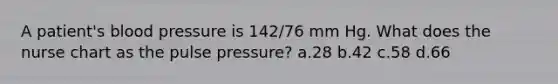 A patient's blood pressure is 142/76 mm Hg. What does the nurse chart as the pulse pressure? a.28 b.42 c.58 d.66