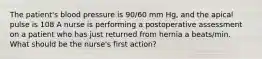 The patient's blood pressure is 90/60 mm Hg, and the apical pulse is 108 A nurse is performing a postoperative assessment on a patient who has just returned from hernia a beats/min. What should be the nurse's first action?