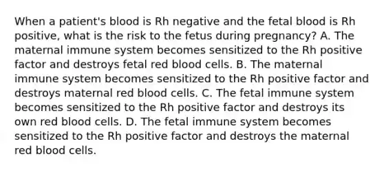 When a patient's blood is Rh negative and the fetal blood is Rh positive, what is the risk to the fetus during pregnancy? A. The maternal immune system becomes sensitized to the Rh positive factor and destroys fetal red blood cells. B. The maternal immune system becomes sensitized to the Rh positive factor and destroys maternal red blood cells. C. The fetal immune system becomes sensitized to the Rh positive factor and destroys its own red blood cells. D. The fetal immune system becomes sensitized to the Rh positive factor and destroys the maternal red blood cells.