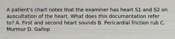 A patient's chart notes that the examiner has heart S1 and S2 on auscultation of the heart. What does this documentation refer to? A. First and second heart sounds B. Pericardial friction rub C. Murmur D. Gallop