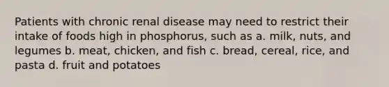 Patients with chronic renal disease may need to restrict their intake of foods high in phosphorus, such as a. milk, nuts, and legumes b. meat, chicken, and fish c. bread, cereal, rice, and pasta d. fruit and potatoes