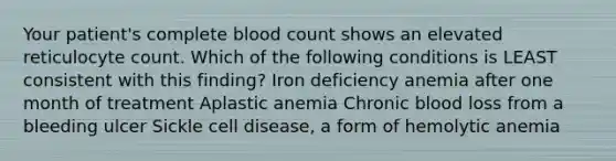 Your patient's complete blood count shows an elevated reticulocyte count. Which of the following conditions is LEAST consistent with this finding? Iron deficiency anemia after one month of treatment Aplastic anemia Chronic blood loss from a bleeding ulcer Sickle cell disease, a form of hemolytic anemia