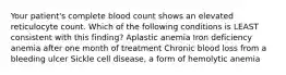 Your patient's complete blood count shows an elevated reticulocyte count. Which of the following conditions is LEAST consistent with this finding? Aplastic anemia Iron deficiency anemia after one month of treatment Chronic blood loss from a bleeding ulcer Sickle cell disease, a form of hemolytic anemia