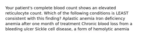 Your patient's complete blood count shows an elevated reticulocyte count. Which of the following conditions is LEAST consistent with this finding? Aplastic anemia Iron deficiency anemia after one month of treatment Chronic blood loss from a bleeding ulcer Sickle cell disease, a form of hemolytic anemia