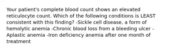 Your patient's complete blood count shows an elevated reticulocyte count. Which of the following conditions is LEAST consistent with this finding? -Sickle cell disease, a form of hemolytic anemia -Chronic blood loss from a bleeding ulcer -Aplastic anemia -Iron deficiency anemia after one month of treatment