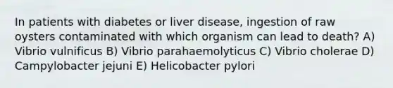 In patients with diabetes or liver disease, ingestion of raw oysters contaminated with which organism can lead to death? A) Vibrio vulnificus B) Vibrio parahaemolyticus C) Vibrio cholerae D) Campylobacter jejuni E) Helicobacter pylori