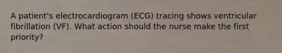 A patient's electrocardiogram (ECG) tracing shows ventricular fibrillation (VF). What action should the nurse make the first priority?