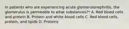 In patients who are experiencing acute glomerulonephritis, the glomerulus is permeable to what substances?* A. Red blood cells and protein B. Protein and white blood cells C. Red blood cells, protein, and lipids D. Proteins