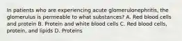 In patients who are experiencing acute glomerulonephritis, the glomerulus is permeable to what substances? A. Red blood cells and protein B. Protein and white blood cells C. Red blood cells, protein, and lipids D. Proteins