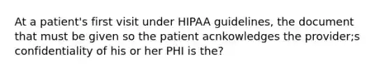 At a patient's first visit under HIPAA guidelines, the document that must be given so the patient acnkowledges the provider;s confidentiality of his or her PHI is the?