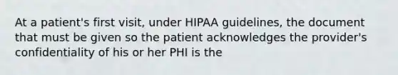 At a patient's first visit, under HIPAA guidelines, the document that must be given so the patient acknowledges the provider's confidentiality of his or her PHI is the