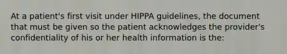 At a patient's first visit under HIPPA guidelines, the document that must be given so the patient acknowledges the provider's confidentiality of his or her health information is the: