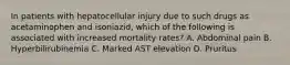 In patients with hepatocellular injury due to such drugs as acetaminophen and isoniazid, which of the following is associated with increased mortality rates? A. Abdominal pain B. Hyperbilirubinemia C. Marked AST elevation D. Pruritus