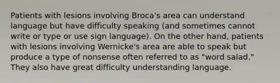 Patients with lesions involving Broca's area can understand language but have difficulty speaking (and sometimes cannot write or type or use sign language). On the other hand, patients with lesions involving Wernicke's area are able to speak but produce a type of nonsense often referred to as "word salad." They also have great difficulty understanding language.