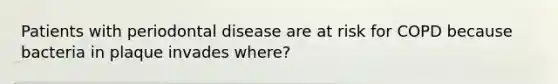 Patients with periodontal disease are at risk for COPD because bacteria in plaque invades where?