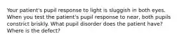 Your patient's pupil response to light is sluggish in both eyes. When you test the patient's pupil response to near, both pupils constrict briskly. What pupil disorder does the patient have? Where is the defect?