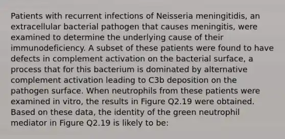 Patients with recurrent infections of Neisseria meningitidis, an extracellular bacterial pathogen that causes meningitis, were examined to determine the underlying cause of their immunodeficiency. A subset of these patients were found to have defects in complement activation on the bacterial surface, a process that for this bacterium is dominated by alternative complement activation leading to C3b deposition on the pathogen surface. When neutrophils from these patients were examined in vitro, the results in Figure Q2.19 were obtained. Based on these data, the identity of the green neutrophil mediator in Figure Q2.19 is likely to be: