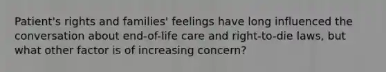 Patient's rights and families' feelings have long influenced the conversation about end-of-life care and right-to-die laws, but what other factor is of increasing concern?