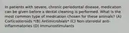 In patients with severe, chronic periodontal disease, medication can be given before a dental cleaning is performed. What is the most common type of medication chosen for these animals? (A) Corticosteroids *(B) Antimicrobials* (C) Non-steroidal anti-inflammatories (D) Immunostimulants