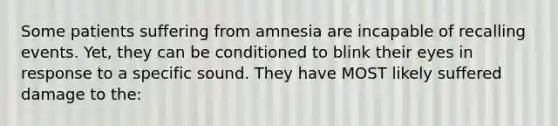 Some patients suffering from amnesia are incapable of recalling events. Yet, they can be conditioned to blink their eyes in response to a specific sound. They have MOST likely suffered damage to the: