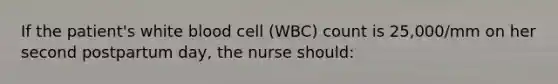 If the patient's white blood cell (WBC) count is 25,000/mm on her second postpartum day, the nurse should: