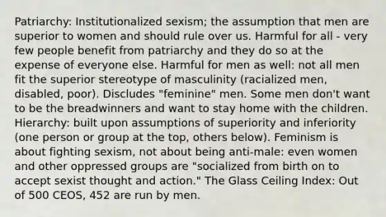 Patriarchy: Institutionalized sexism; the assumption that men are superior to women and should rule over us. Harmful for all - very few people benefit from patriarchy and they do so at the expense of everyone else. Harmful for men as well: not all men fit the superior stereotype of masculinity (racialized men, disabled, poor). Discludes "feminine" men. Some men don't want to be the breadwinners and want to stay home with the children. Hierarchy: built upon assumptions of superiority and inferiority (one person or group at the top, others below). Feminism is about fighting sexism, not about being anti-male: even women and other oppressed groups are "socialized from birth on to accept sexist thought and action." The Glass Ceiling Index: Out of 500 CEOS, 452 are run by men.