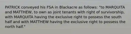 PATRICK conveyed his FSA in Blackacre as follows: "to MARQUITA and MATTHEW, to own as joint tenants with right of survivorship, with MARQUITA having the exclusive right to possess the south half and with MATTHEW having the exclusive right to possess the north half."