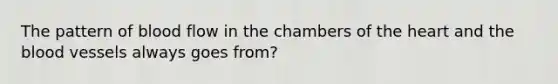 The pattern of blood flow in the chambers of <a href='https://www.questionai.com/knowledge/kya8ocqc6o-the-heart' class='anchor-knowledge'>the heart</a> and <a href='https://www.questionai.com/knowledge/k7oXMfj7lk-the-blood' class='anchor-knowledge'>the blood</a> vessels always goes from?