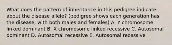 What does the pattern of inheritance in this pedigree indicate about the disease allele? (pedigree shows each generation has the disease, with both males and females) A. Y chromosome linked dominant B. X chromosome linked recessive C. Autosomal dominant D. Autosomal recessive E. Autosomal recessive