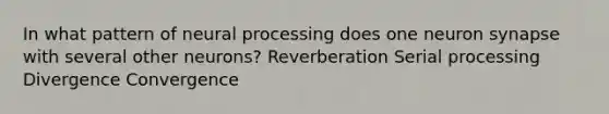 In what pattern of neural processing does one neuron synapse with several other neurons? Reverberation Serial processing Divergence Convergence