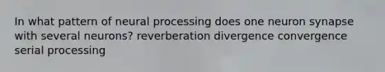 In what pattern of neural processing does one neuron synapse with several neurons? reverberation divergence convergence serial processing