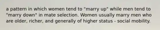 a pattern in which women tend to "marry up" while men tend to "marry down" in mate selection. Women usually marry men who are older, richer, and generally of higher status - social mobility.