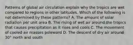 Patterns of global air circulation explain why the tropics are wet compared to regions in other latitudes. Which of the following is not determined by these patterns? A. The amount of solar radiation per unit area B. The rising of wet air around the tropics that causes precipitation as it rises and cools C. The movement of cooled air masses poleward D. The descent of dry air around 30° north and south