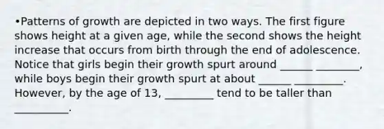 •Patterns of growth are depicted in two ways. The first figure shows height at a given age, while the second shows the height increase that occurs from birth through the end of adolescence. Notice that girls begin their growth spurt around ______ ________, while boys begin their growth spurt at about ______ _________. However, by the age of 13, _________ tend to be taller than __________.