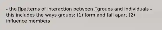 - the patterns of interaction between groups and individuals - this includes the ways groups: (1) form and fall apart (2) influence members